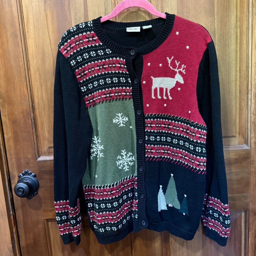 Cherokee Vintage Christmas Cardigan XL Reindeer Snowflakes Patchwork Black Red